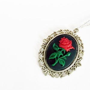 Victorian Red Flower Black Cameo Necklace Silver Rose image 2