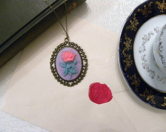 Victorian Pink Flower Purple Cameo Necklace (Bronze) - Rose