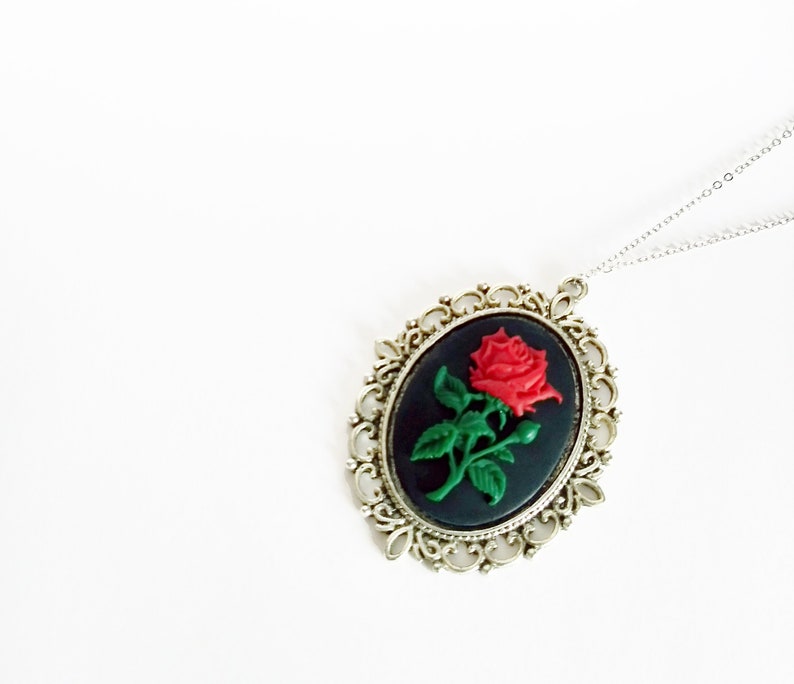 Victorian Red Flower Black Cameo Necklace Silver Rose image 2