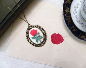 Victorian Red Flower White Cameo Necklace (Bronze) - Rose