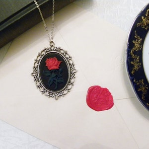 Victorian Red Flower Black Cameo Necklace Silver Rose image 1