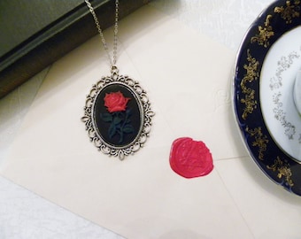 Victorian Red Flower Black Cameo Necklace (Silver) - Rose