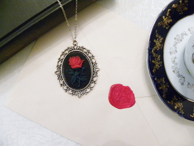 Victorian Red Flower Black Cameo Necklace Silver Rose image 1