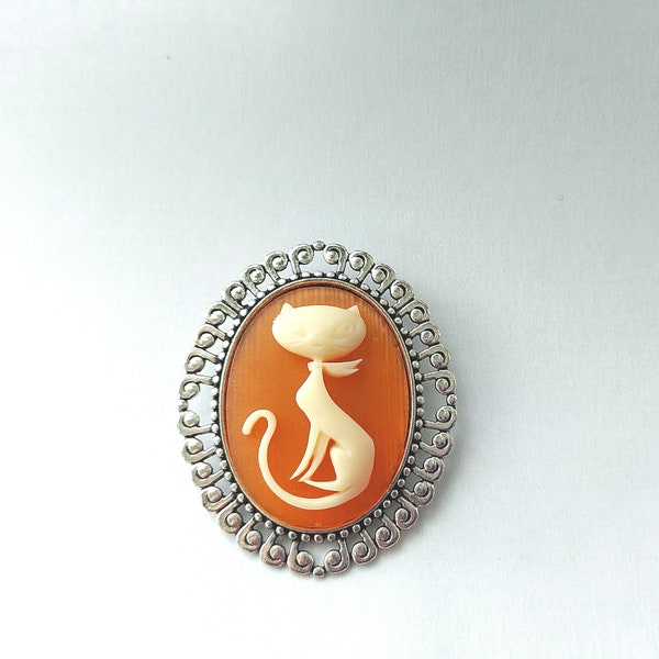 Orange Cat Cameo Brooch (Silver) - Victorian Inspired Jolly Rancher Orange Jewellery