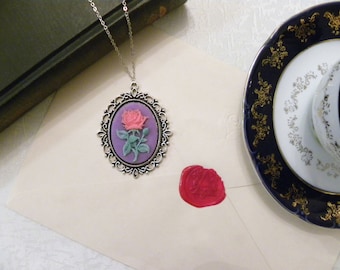 Victorian Pink Flower Purple Cameo Necklace (Silver) - Rose