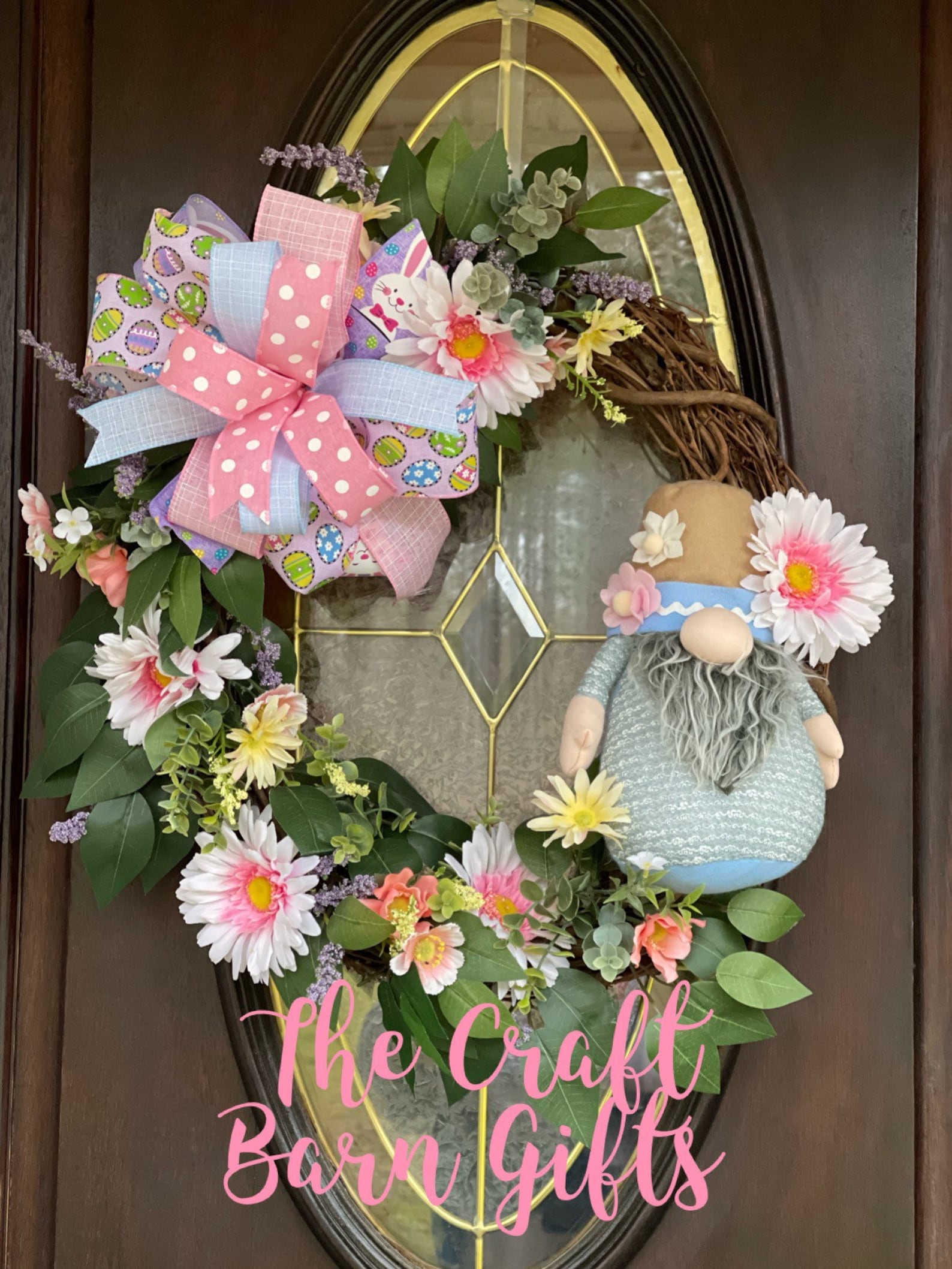 Partially Covered Easter Gnome Grapevine Wreaths with Flowers and Greenery