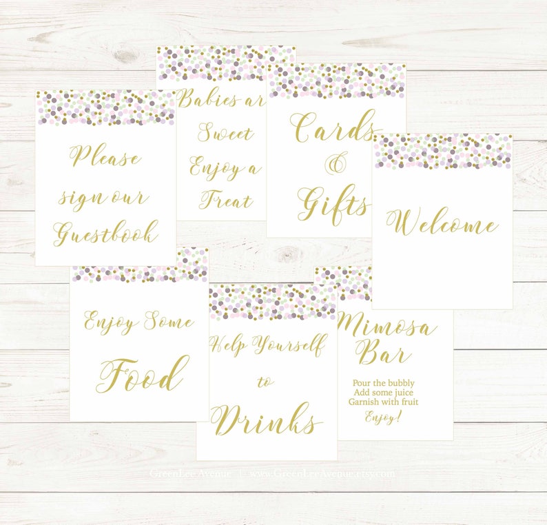 gla0025 Bundle 7 Games Pink Confetti Lavender Gold Confetti Baby Shower Games Package Gold Text