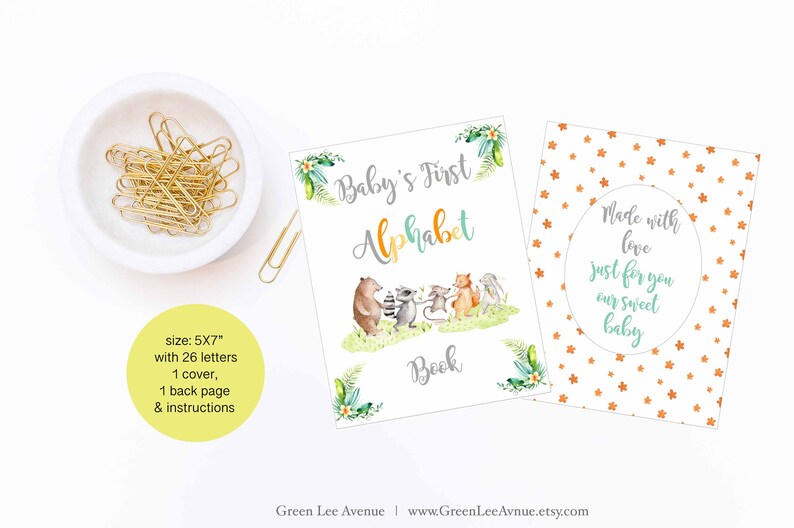 DIY ABC book printable raccoon rabbit gla0038 bear fox Forest Friends Alphabet Book Baby Shower Activity 5x7 Baby/'s First Alphabet Book