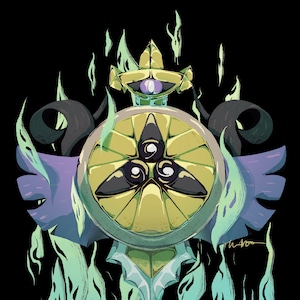May include: A green and gold circular design with three eyes and a crown on top, surrounded by flames.