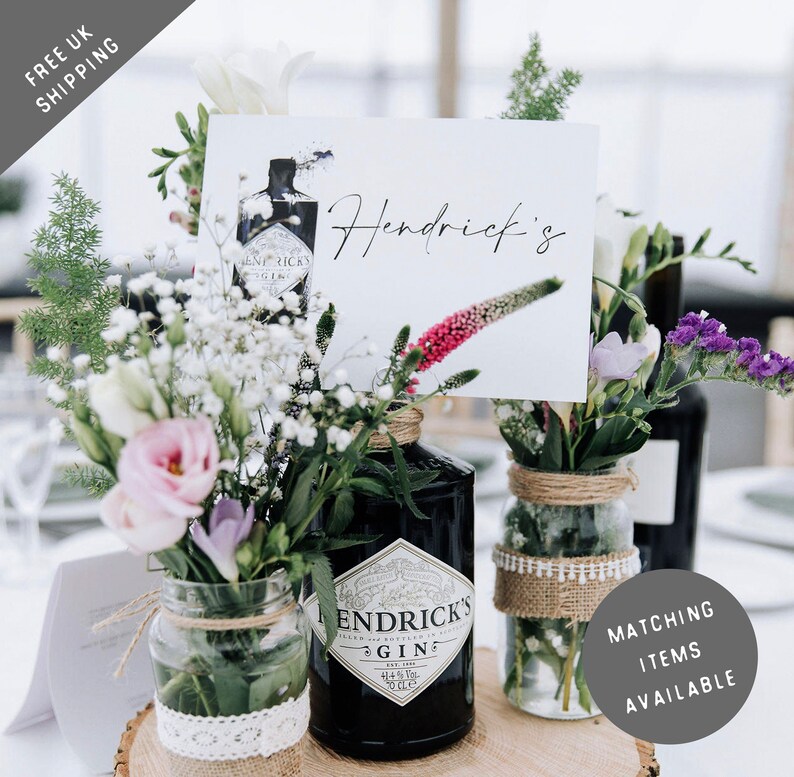 Gin, Whiskey & Champagne themed Table Numbers Wedding Centrepiece Table Names Seating Plan image 2