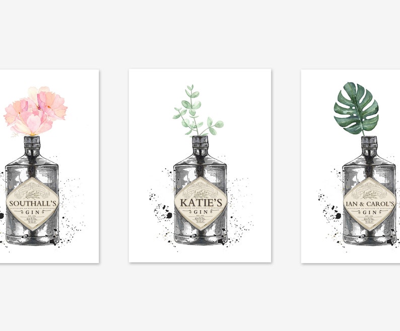 Personalised Gin Print with Floral Fauna Cactus Eucalyptus Vase A3 A4 A5 8X10 Wall Art image 1