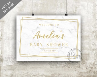 Baby Shower Welcome Sign Foamboard Rigid Personalised Marble Gold