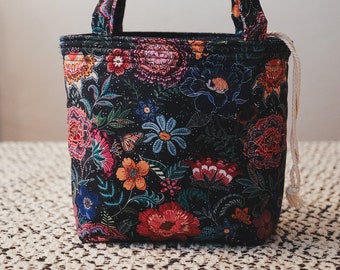 Handmade Floral Drawstring Project Bag for Knitting, Crochet, Fiber Arts