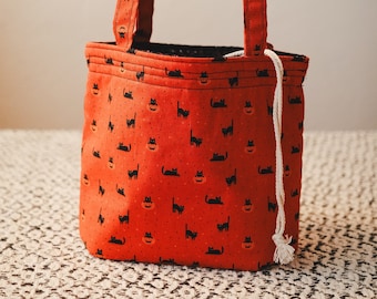 Handmade Halloween Pumpkins & Black Cats Drawstring Project Bag for Knitting, Crochet, Fiber Arts