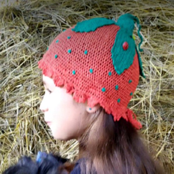 Bonnet en lin au crochet pour fille, chapeau fraise rouge créatif pour bébé, volume de tête 19 pouces, chapeaux d'été