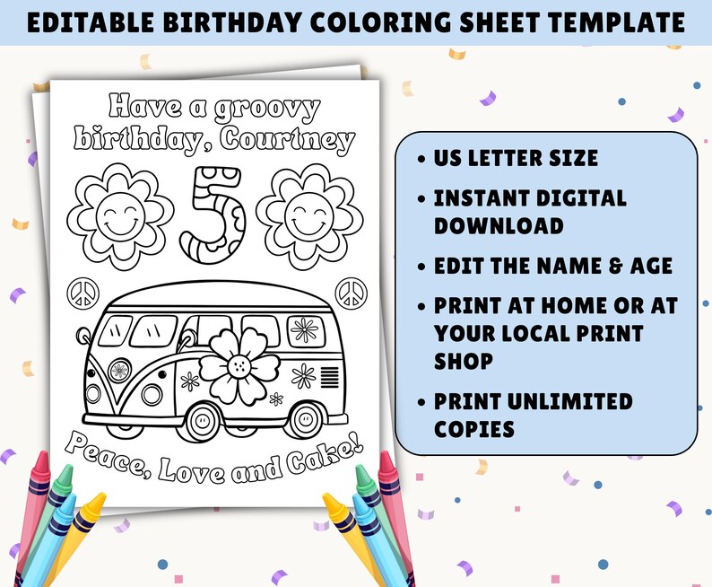 Editable Groovy Birthday Coloring Page | Peace and Love Theme | Retro ...