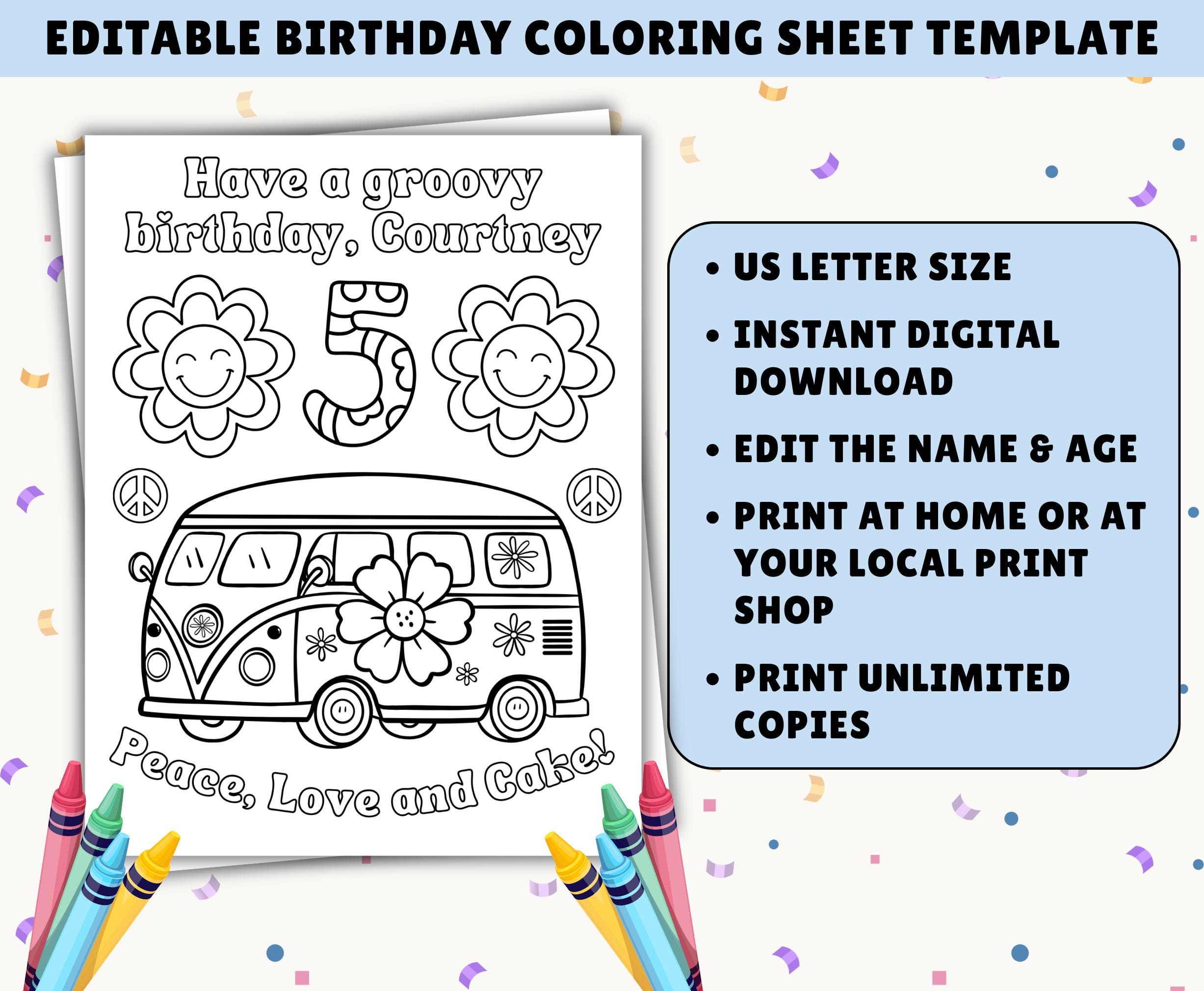 Editable Groovy Birthday Coloring Page | Peace and Love Theme | Retro ...