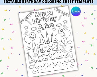 Página para colorear de cumpleaños editable / Mantel individual de actividades de cumpleaños / Nombre y edad personalizados / Recuerdo de fiesta imprimible / Plantilla de Canva / Descarga instantánea