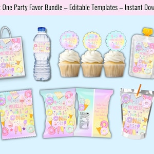 May include: A collection of party favor items with a pastel color scheme. Includes a tote bag, water bottle, cupcakes, snack pouches, and a juice pouch, all decorated with donuts, ice cream, and the text "Sweet One".