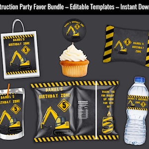 Construction Party Favor Bundle – Editable Canva Templates – Dump Truck Theme Chip Bags, Water Bottle, Cupcake Topper, Gift Bag, Juice Pouch