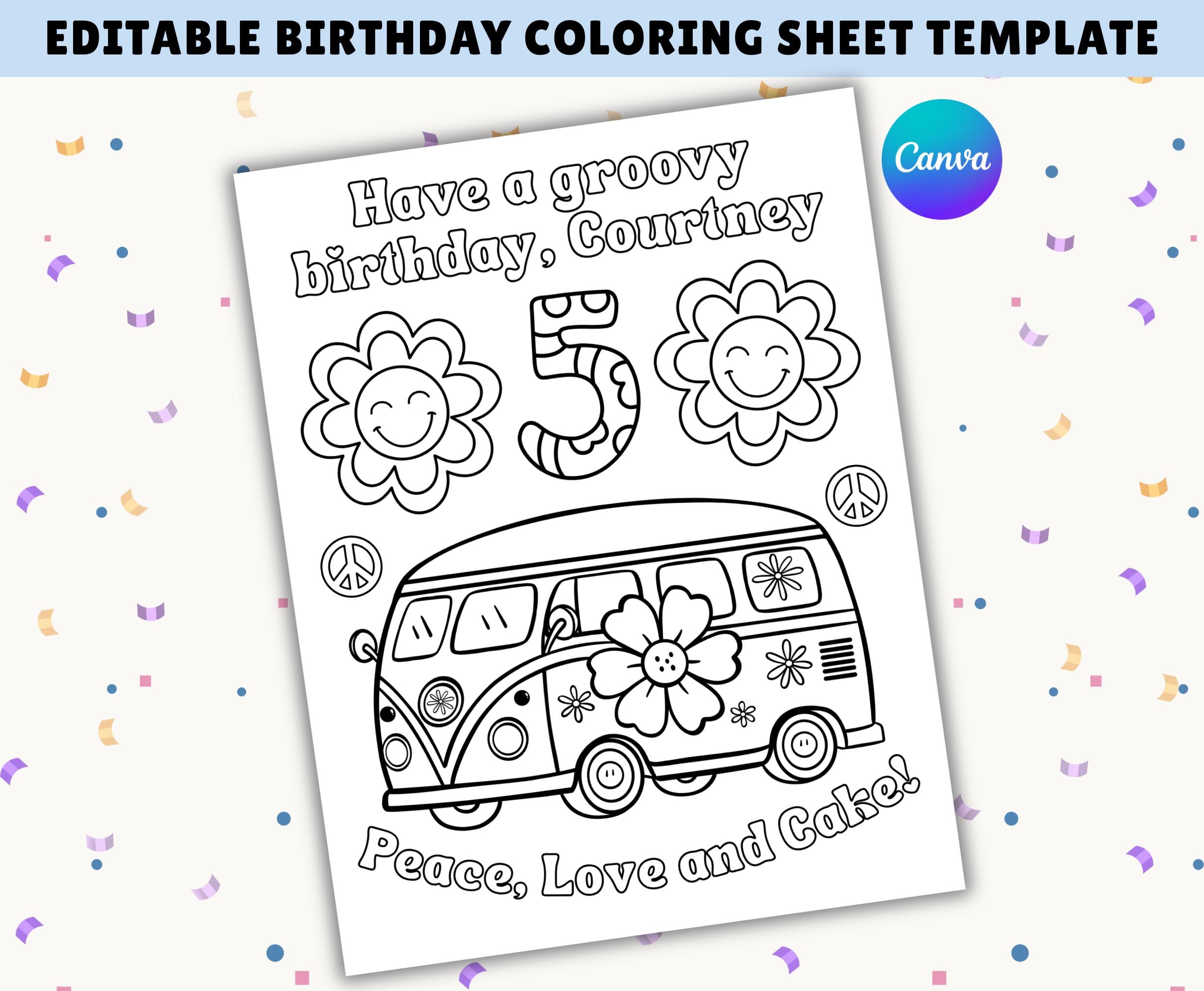 Editable Groovy Birthday Coloring Page | Peace and Love Theme | Retro ...