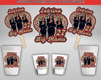 Paquete de recuerdos de fiesta Big Mama con estampado de leopardo rojo y negro: plantillas editables de Canva para vasos de espuma, vasos de chupito, abanicos de iglesia, sombreros de fiesta y más