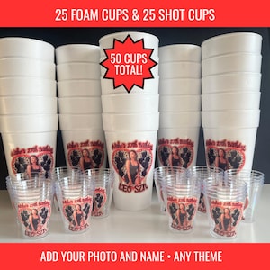 Paquete de regalos de fiesta personalizados / 25 vasos de espuma personalizados y 25 vasos para chupitos / Vasos para cumpleaños, bodas y eventos / Cualquier tema. Agrega tu foto. imagen 1