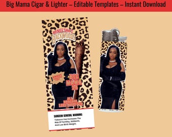 Plantilla editable de etiqueta para cigarros y encendedores / Recuerdo de fiesta "Big Mama Glam" / Envoltorio imprimible para cigarros y encendedores / Descarga instantánea