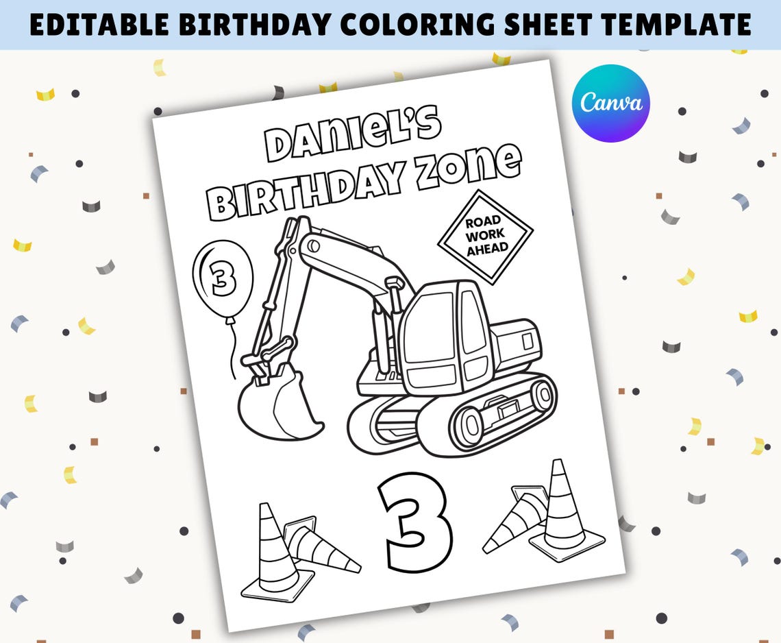 Editable Construction Birthday Coloring Page Road Work Theme Custom