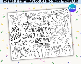 Página para colorear de cumpleaños editable / Mantel individual de actividades de cumpleaños / Nombre y edad personalizados / Recuerdo de fiesta imprimible / Plantilla de Canva / Descarga instantánea