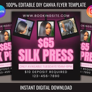 Hair Salon Booking Flyer Template for Instagram – Editable Canva Template for Stylists, Braiders, Wig Installs, Pronto Specials, Silk Press