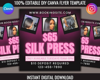 Plantilla de volante de reserva de peluquería para Instagram: plantilla editable de Canva para estilistas, trenzadores, instalación de pelucas, ofertas especiales de Pronto y prensa de seda.