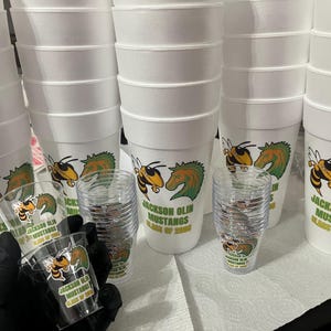 Puede incluir: Vasos de espuma blancos y vasos de chupito de pl&aacute;stico transparente con un logotipo de Jackson Olin Mustangs con una abeja y una cabeza de caballo en verde y amarillo. El texto dice "Jackson Olin Mustangs Class of 2000".