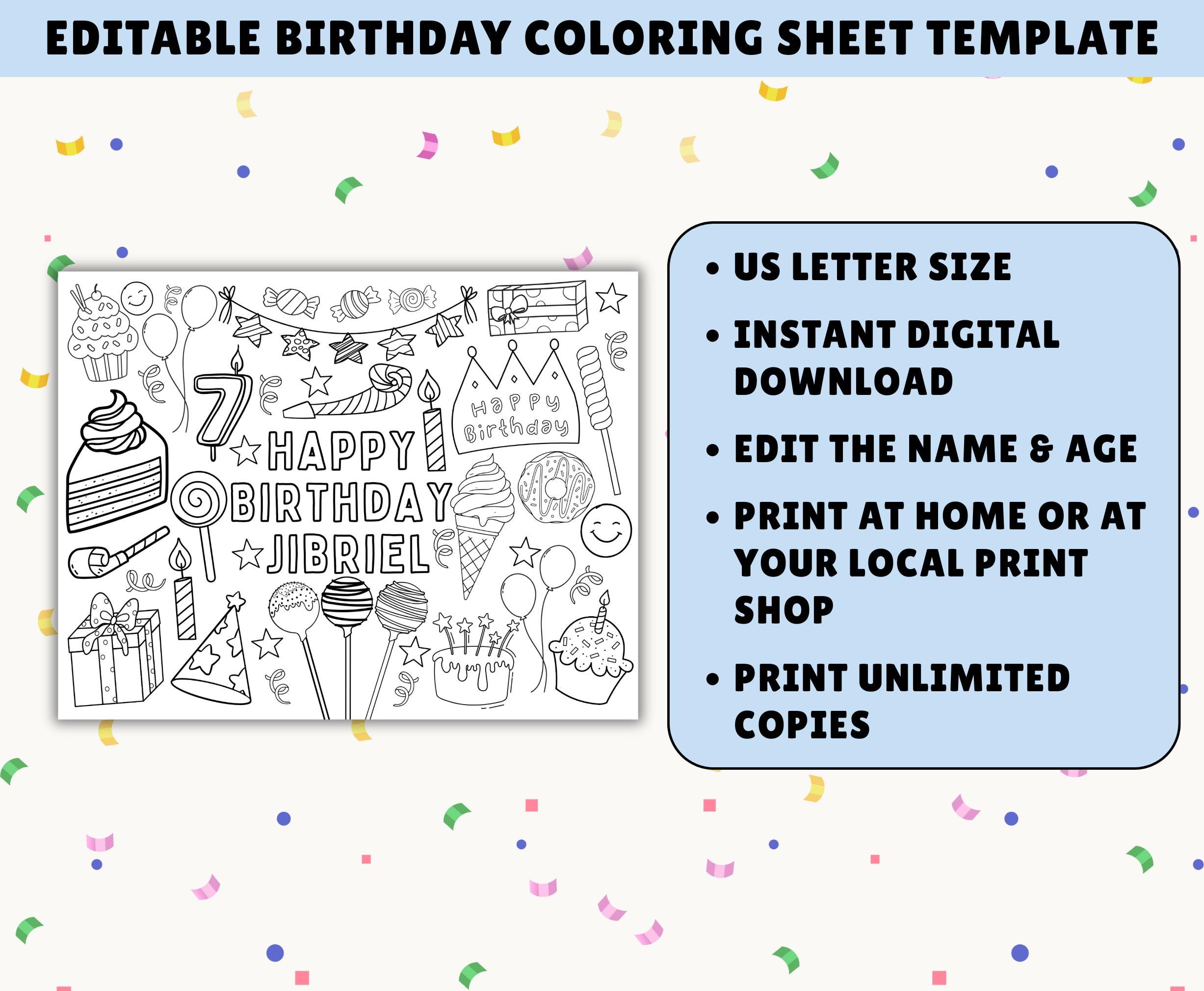 Editable Birthday Coloring Page | Birthday Activity Placemat | Custom ...