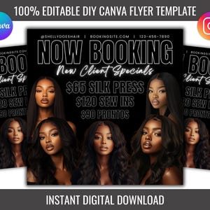 Plantilla de volante de reserva de peluquería para Instagram: plantilla editable de Canva para estilistas, trenzadores, instalación de pelucas, ofertas especiales de Pronto y prensa de seda.