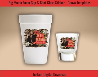 Modelo de adesivo editável para copos e taças de espuma – Big Mama Cheetah Trap Glam Canva Design – Download digital para copos e taças