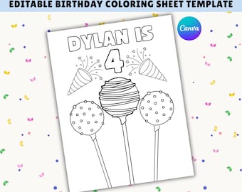 Página para colorear de cumpleaños editable / Mantel individual de actividades de cumpleaños / Nombre y edad personalizados / Recuerdo de fiesta imprimible / Plantilla de Canva / Descarga instantánea