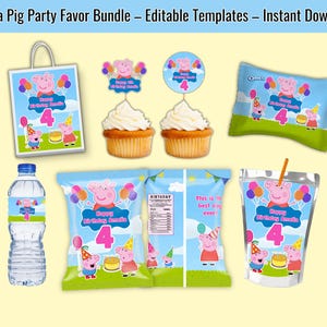 Peppa Pig bearbeitbares Partygeschenk-Bundle | Chipsbeutel, Wasserflasche, Capri Sonne, Cupcake Topper, Geschenktüte, Keks Zweierpack | Canva Vorlage
