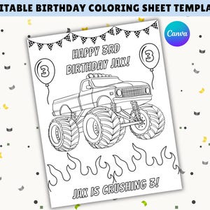 May include: Black and white coloring sheet template with the text "EDITABLE BIRTHDAY COLORING SHEET TEMPLATE". The sheet features a monster truck, balloons, and the text "HAPPY 3RD BIRTHDAY JAX!" and "JAX IS CRUSHING 3!"