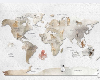World Animal Map Aquarelle, Kids Room Art, Nursery art, Animal art, Nursery wall art, carte du monde des enfants, Carte des enfants,