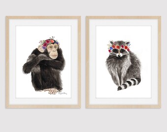 Chimpanzee & Racoon Flower Crown - Set of 2 - Nursery Art Print, Girls Room, Watercolor Wall Art, Kids Art, Wall Decor, Baby shower Gift
