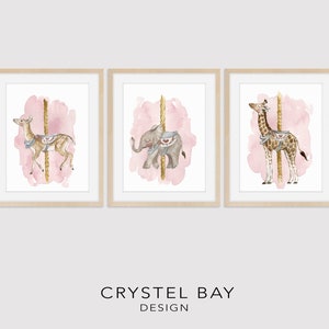 Carousel Animals Set of 3 - Girls Room Nursery Art Print Watercolor Wall Art, Kids Art, Wall Decor, Baby shower Gift Elephant Giraffe