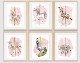Carousel Animals Set of 6 - Girls Room Nursery Art Print Watercolor Wall Art, Kids Art, Wall Decor, Baby shower Gift Elephant Giraffe