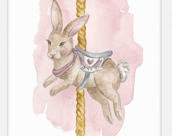 Bunny Rabbit Carousel - Girls Room Nursery Art Print Watercolor Wall Art, Kids Art, Wall Decor, Baby shower Gift, Baby Room Decor