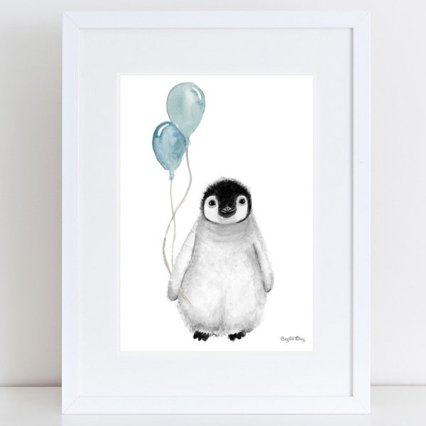 Baby Penguin Balloons - Nursery Art Print, Boys Room, Girls Room, Watercolor Wall Art, Kids Art, Wall Decor, Baby shower Gift