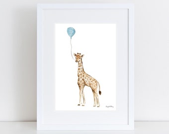 Baby Giraffe Balloons - Nursery Art Print , Africa, Boys Room, Watercolor Wall Art, Kids Art, Wall Decor, Baby shower Gift