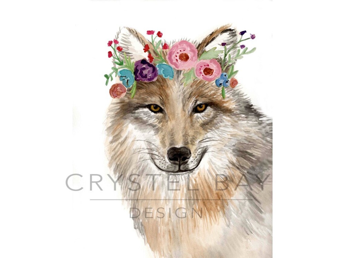 Cute Wolf With Flower Crown Embroidery Cute Wolf With Flower Crown Embroidery