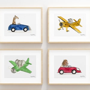 Animals in Vehicles Wall Decor - Set Of 4 - Nursery Art, Boys Girls, Boys Room, Watercolor, Giraffe, Elephant, Lion, Hippopotamus