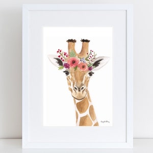 Giraffe Flower Crown - Nursery Art Print , Africa, Baby Shower Gift, Girls Room, Watercolor Wall Art, Floral Flower, Kids Art, Wall Decor