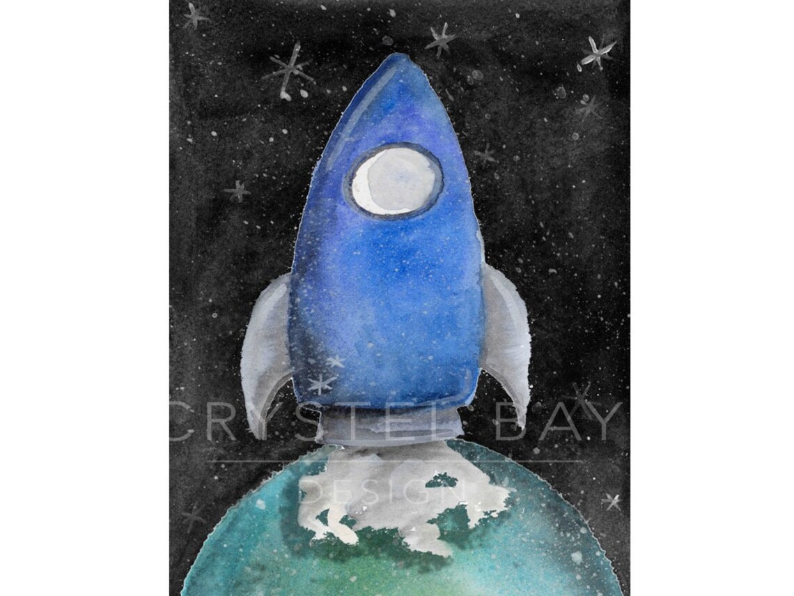 Rocket in Space Watercolor Wall Art Wall Decor Nursery Art Etsy